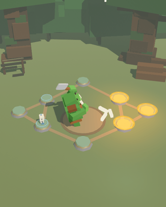 The arena: the robot slashes at an orc from a ring of stepping stones while danger tiles glow.