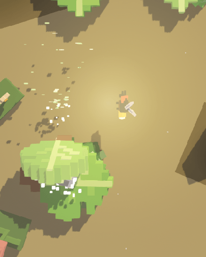 The thicket from above: the robot among broad leaves, pollen bursting around it.