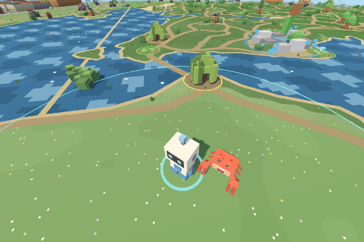 Central Park in New York: the robot and a crab pet on the lawn, the lake and its nodes behind.