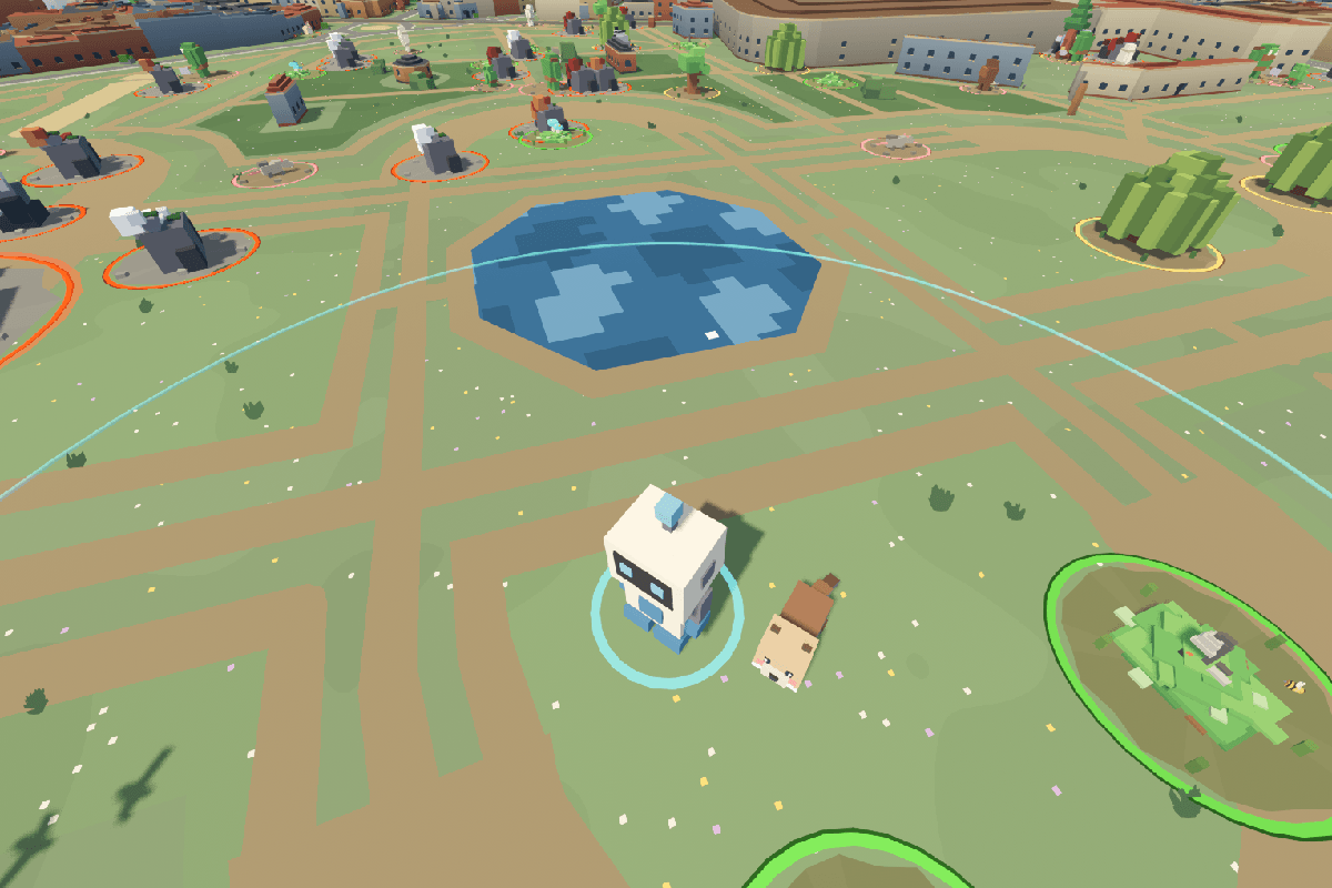 The Jardin du Luxembourg in Paris: the robot and an otter pet beside resource nodes, the octagonal pond behind.
