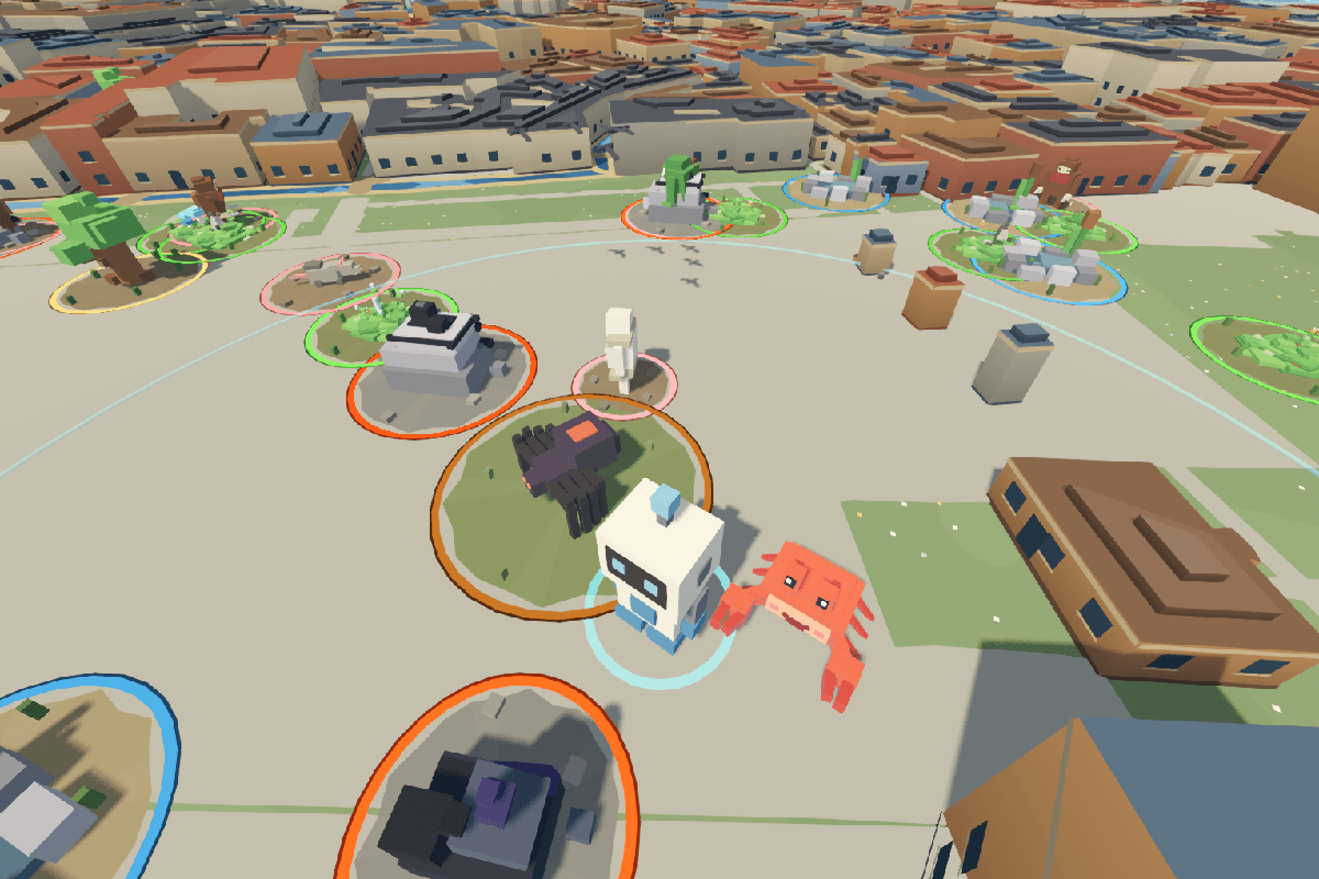 A square in Venice crowded with resource rings, the robot and a crab pet at the centre.