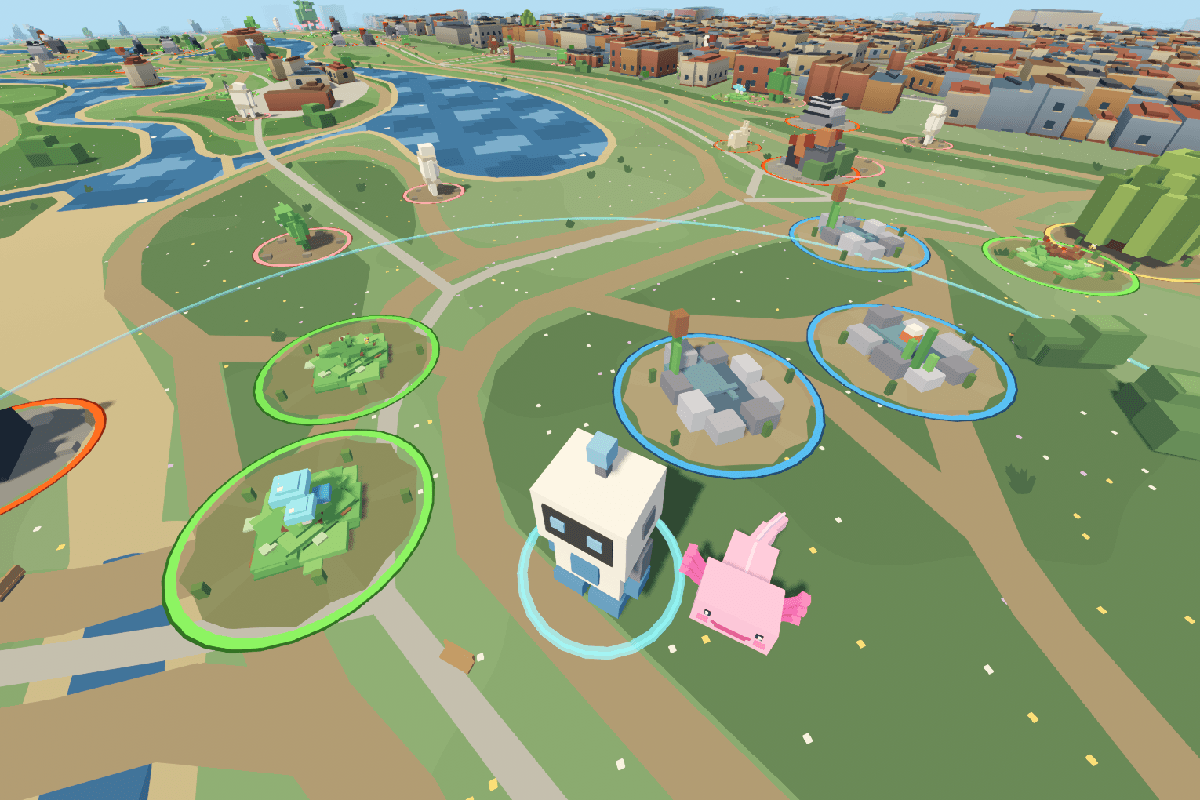 Vondelpark in Amsterdam drawn in chunky blocks: the little robot and a pink axolotl pet stand among glowing resource rings, with ponds, paths and rooftops behind.