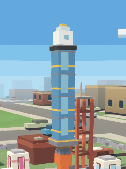 A tall blue rocket lifting off its pad beside a red gantry, orange flame and white smoke below it.