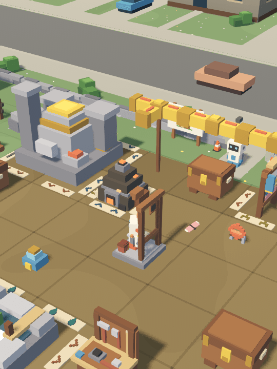 The home base with its build button: machines, an overhead duct and the friend's cradle.
