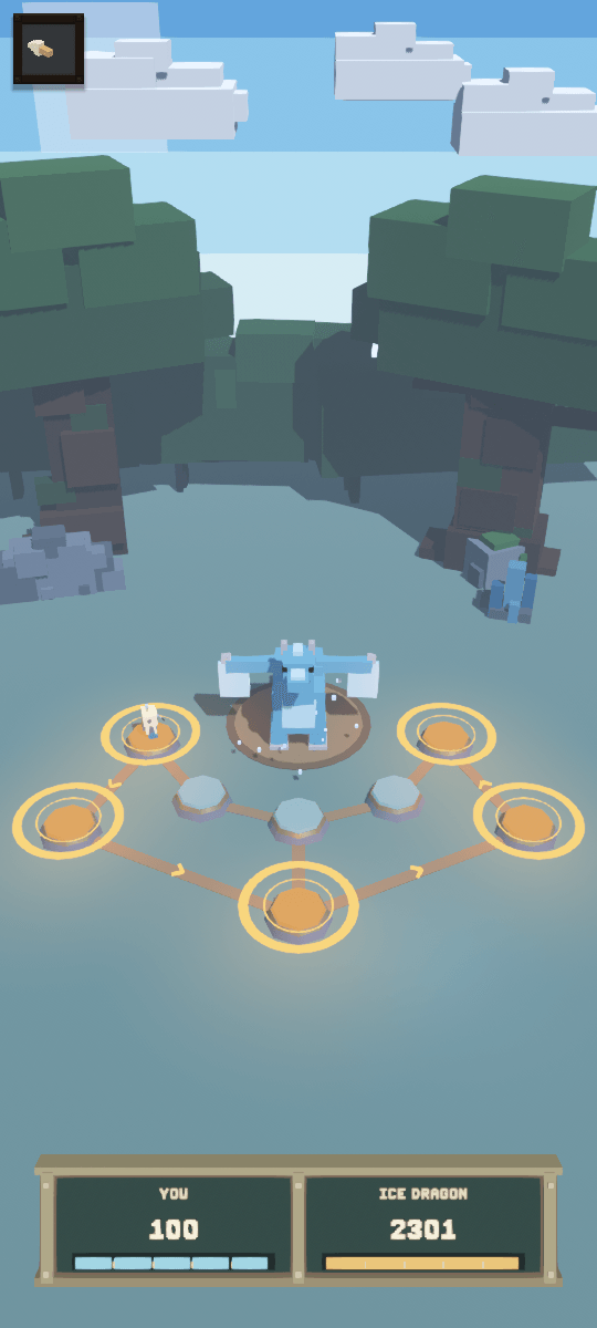 The Ice Dragon boss in the arena, its incoming attacks marked as glowing rings.