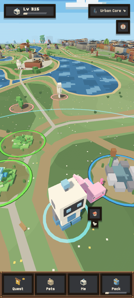 The full map screen in a park with the robot and its pet.