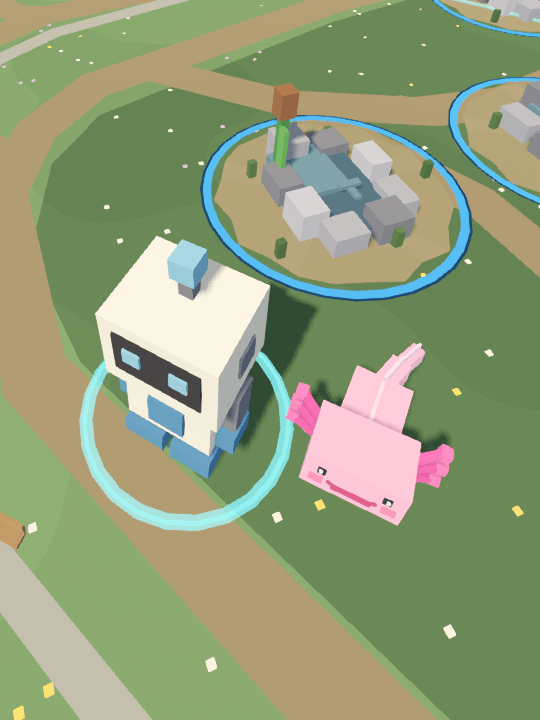 The robot and its pink axolotl pet standing together on the map.